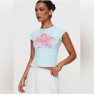 Princess Polly Light Blue Tee with Pink Floral Design